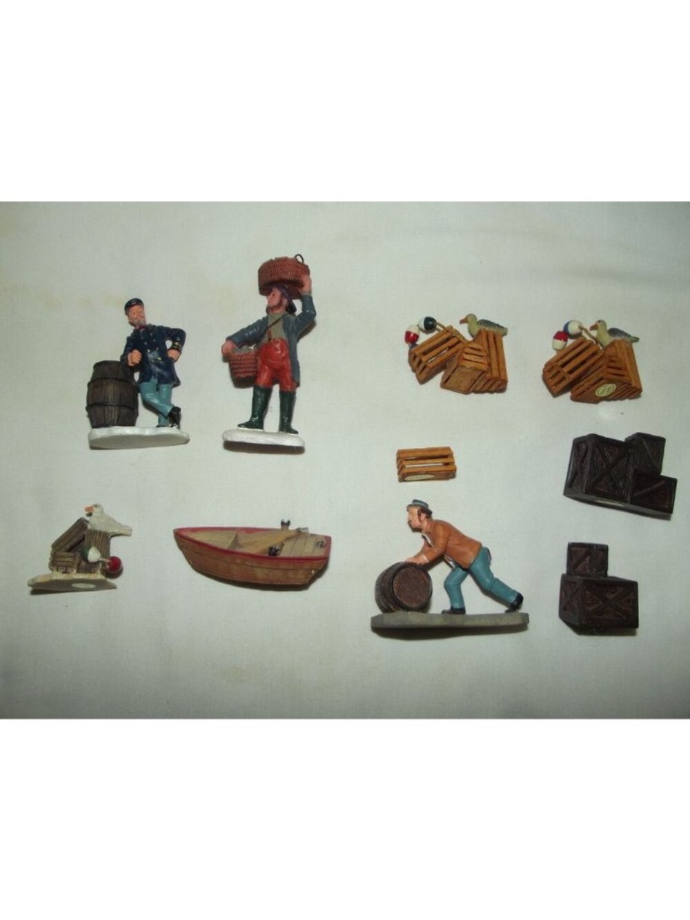 LEMAX Figures lot 10 Fisherman Cap'n Bob Fishmonger crate lobster pot boat dock